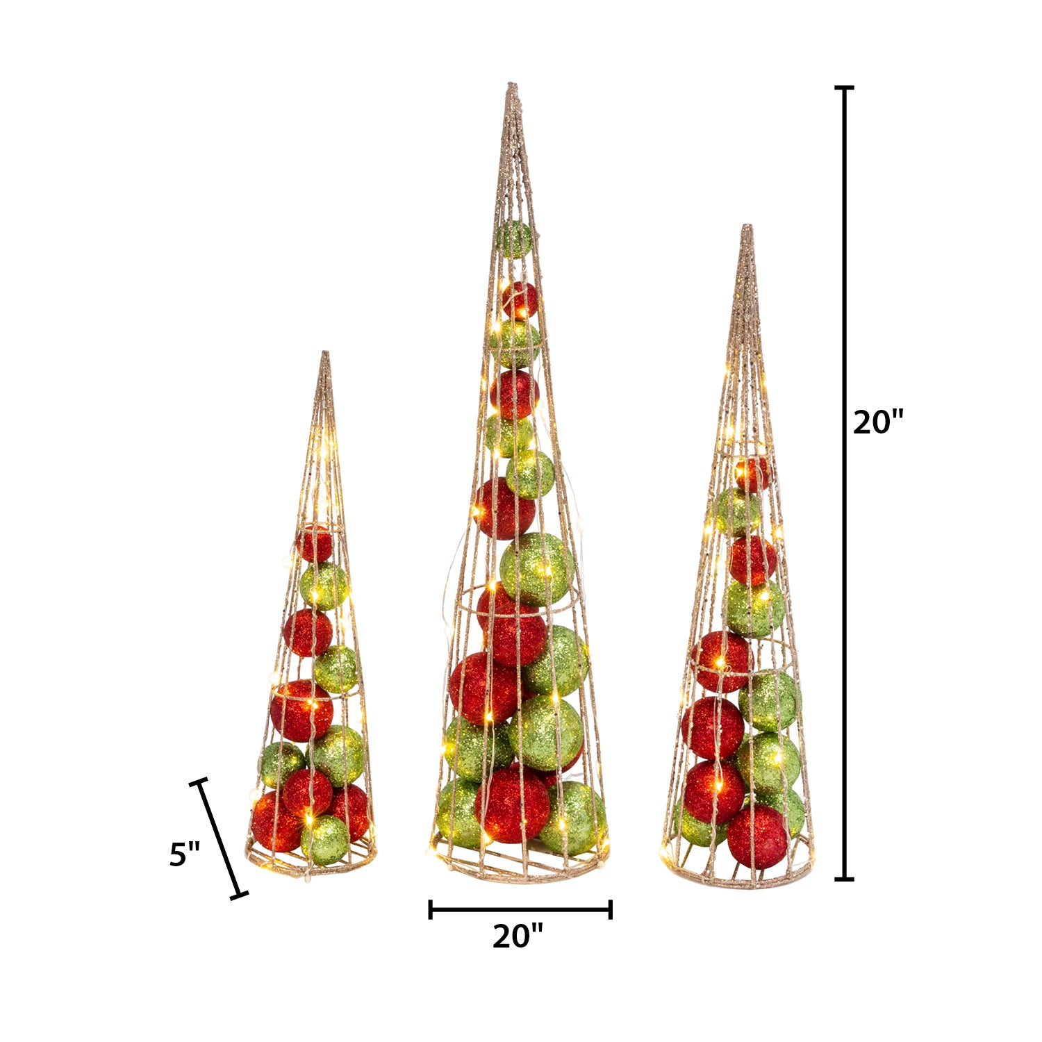S/3 Battery- Operated Lighted Red & Green Ornament Filled Cone Trees, Lg is 24-in H, Med is 20-in H, Sm is 16-in H
